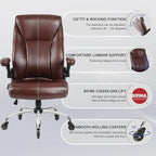 Big and Tall Office Chair for Heavy People, Executive Desk Computer Chair Adjustable Flip-up Armrests, PU Leather Swivel Task Chair with Ergonomic High Back and Lumbar Support（Brown