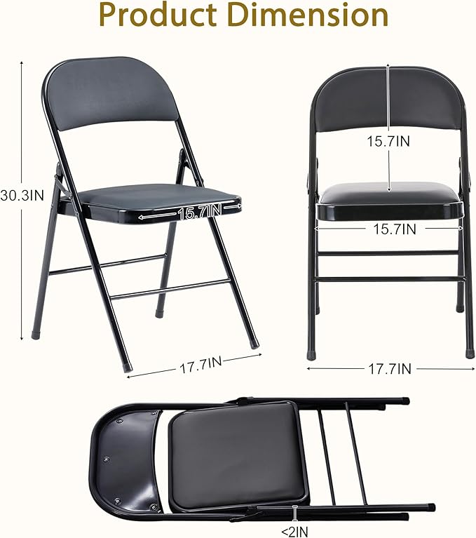 Black Folding Chairs 20 Pack with Padded Cushion and Back, Foldable Outdoor Chairs with 330-LBS Capacity, Portable Heavy Duty Metal Frame Commercial Seat for Party Kitchen Dinning Events Wedding