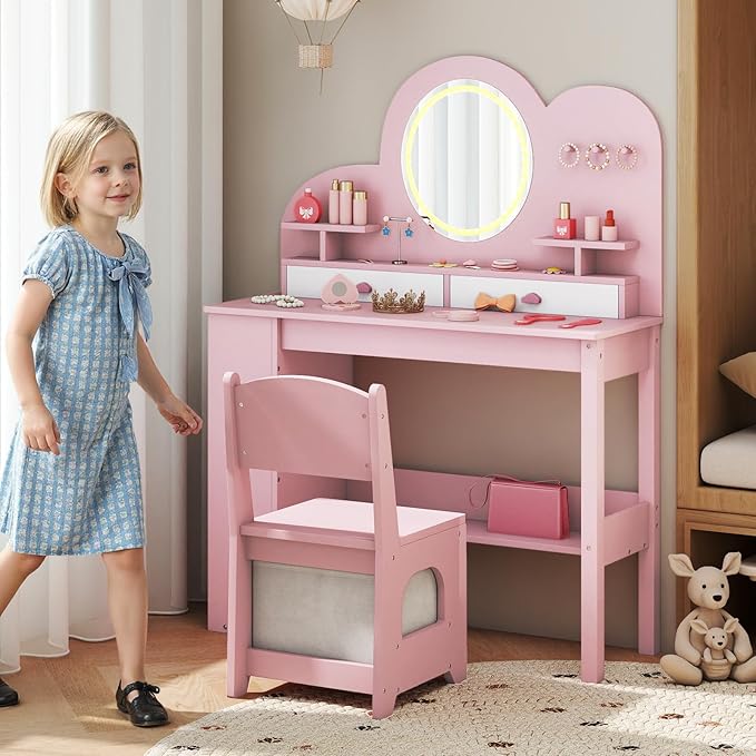 HONEY JOY Kids Vanity with Lights and Open Bookshelf, Cloud Princess Makeup Dressing Desk, Drawers, Wooden Pretend Play Toddler Vanity Table & Chair Set with Lighted Mirror for Little Girls (Pink)