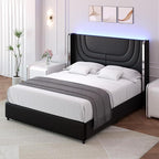 Queen Bed Frame with LED Lights, Faux Leather Upholstered Platform with Silver Wingback Headboard, Modern Style, No Box Spring Needed, Easy Assembly, Black