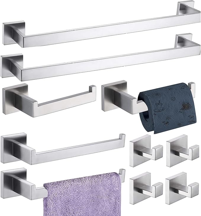 Bathroom Hardware Set Bathroom Accessories Set SUS304 Towel Bar Set Includes Towel Bar Inch+Towel Holder+Toilet Paper Holder+Towel Hook (10, Brush Nickel)