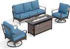 PHI VILLA Patio Furniture Set with 56" Fire Pit Table, Premium Outdoor Wicker Metal Frame Furniture with Upgraded Waterproof Thick Cushions for Porch, Poolside, Deck, and Yard（4 Pieces,Navy