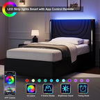 Twin Bed Frame with LED Lights, Faux Leather Upholstered Platform with Silver Wingback Headboard, Modern Style, No Box Spring Needed, Easy Assembly, Black