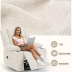 360° Swivel Rocker Recliner for Adults, Nursery Glider Recliner with Massage and Heating, Rocking Chair with Cup Holder, Manual Recliner Chair for Living Room, Bedroom (Fabric, Beige)