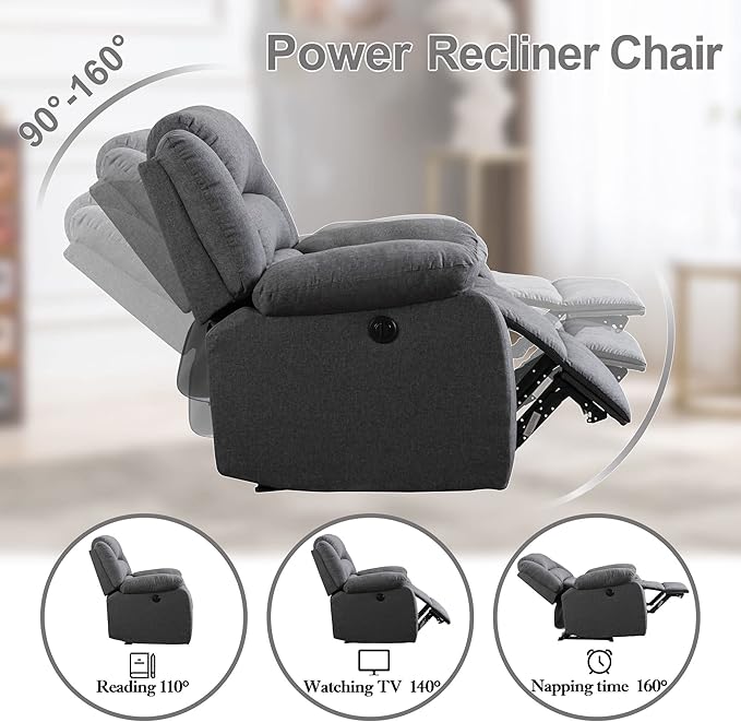 EBELLO Classic Power Recliner Chair, Oversized Electric Overstuffed Chair with Soft Cushion and Back, Sofa with Comfortable Armchair, Gray