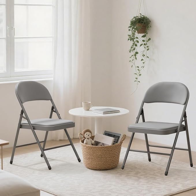 6 Pack Gray Folding Chairs with Padded Cushion for Outside, Portable Stackable Commercial Metal Foldable Chairs with Steel Frame for Party Home Events Office Wedding, 350lbs Capacity