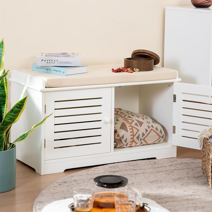 MFSTUDIO Shoe Storage Bench, White Shoe Entryway Bench with Seating Padded Cushion, 2 Doors, Adjustable Shelf, Freestanding Shoe Rack Organizer for Entryway Hallway Living Room Bedroom, Beige Cushion