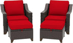 4 Pieces Patio Conversation Furniture Set - 2 Chairs with Ottomans Set of 2, Outdoor Wicker Armchairs with Water-Resistant and Washable Cushions for Porch, Balcony, Sunroom (Red)
