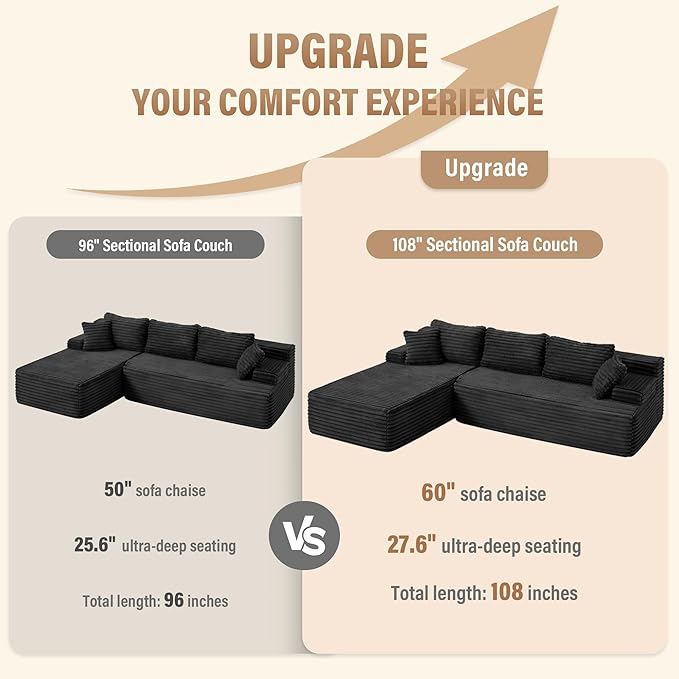 Hobestluk Modular Sectional Couch Sofa, 108" Boneless Couches for Living Room, Memory Foam Sectional Couch with Oversized Chaise,L-Shape Couches (Black, Left Facing)