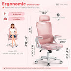 SEATZONE Pink Office Chair,Ergonomic Desk Chair with Adjustable Headrest and Lumbar Support,Swivel Mesh Office Chair with Flip up Armrest for Home Office and Gaming