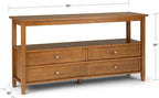 SIMPLIHOME Warm Shaker Wide Console Table - 60 Inch Wide Solid Wood Sofa Table in Light Golden Brown, Transitional Storage for Living Room with 4 Drawers, Open Shelf, and Brushed Nickel Knobs