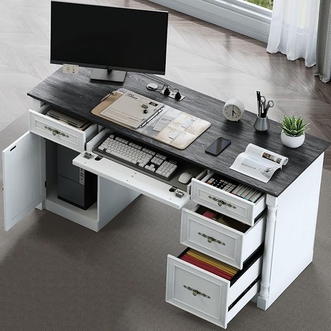Farmhouse Executive Desk with Storage Drawers and File Cabinet, 60" Vintage Home Office Desk with Power Outlet and Roman Column, Wood Computer Desk with Keyboard Tray for Work and Study, Antique White