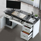 Farmhouse Executive Desk with Storage Drawers and File Cabinet, 60" Vintage Home Office Desk with Power Outlet and Roman Column, Wood Computer Desk with Keyboard Tray for Work and Study, Antique White