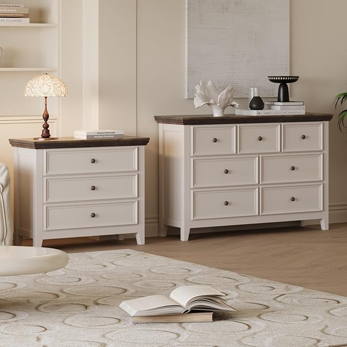 Farmhouse 3-Drawer Dresser for Bedroom - 31.5" Wide 3 Chest of Drawers Storage Cabinet as Nightstand or Bedside Dresser（Antique White & Brown）