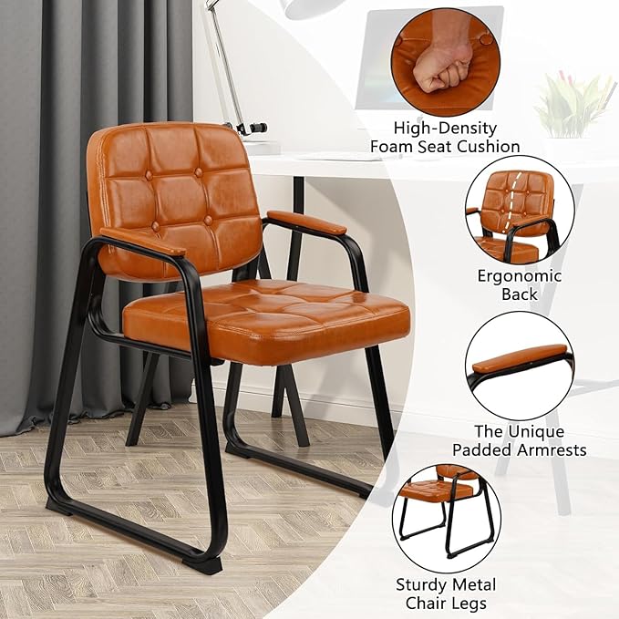 CLATINA Waiting Room Chairs with Padded Arms Leather Guest Chair no Wheels for Office Reception and Conference Desk with Sled Base Orange, 4PK