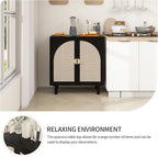 Black Sideboard Cabinet with 2 Rattan Doors, Rattan Buffet Cabinet with Adjustable Shelves & Pine Legs, Boho Sideboard Buffet for Living Room, Kitchen, Entryway (Black,1 PCS)