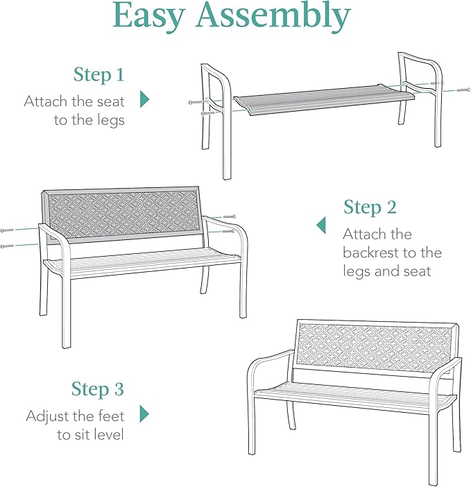 Best Choice Products Outdoor Bench 2-Person Metal Steel Benches Furniture for Garden, Patio, Porch, Entryway w/Geometric Backrest, 790lb Capacity - Ocean Blue
