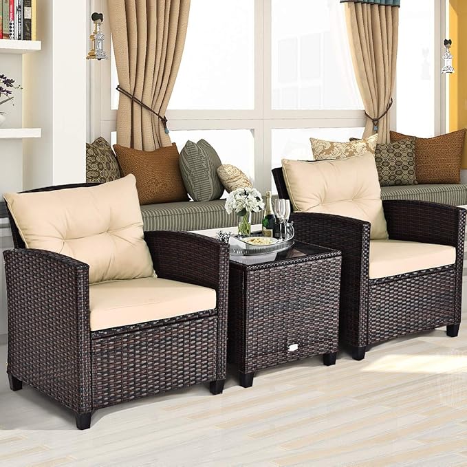 Tangkula 3 Pieces Patio Furniture Set, PE Rattan Wicker 3 Pcs Outdoor Sofa Set w/Washable Cushion and Tempered Glass Tabletop, Conversation Furniture for Garden Poolside Balcony (Beige)