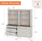 WAMPAT 3 Tier Bookshelf with 3 Drawers, 72" Tall Bookcase Large Farmhouse Display Book Case Shelf with 3-Tier Open Book Shelfs，Library Wood Bookshelves for Living Room,Kitchen, Rustic White (2PCS)
