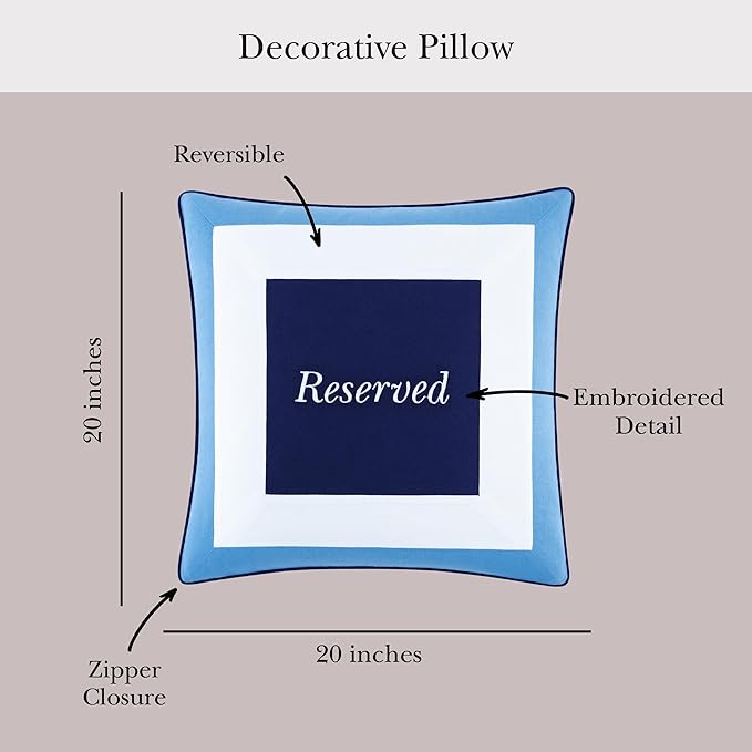 Kate Spade New York Saved You A Spot Reversible Decorative Pillow, 20" x 20" Throw Pillow for Bed or Sofa, Cotton and Linen Cover, Blue, 20 x 20