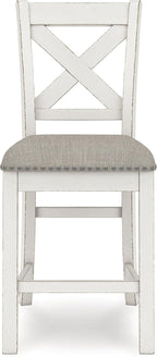 Signature Design by Ashley Robbinsdale Farmhouse Upholstered Barstool, Set of 2, X-Back, Nailhead Trim, Wood, 24.75" H, White & Light Gray