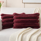 FUTEI Christmas Burgundy Decorative Throw Pillow Covers 12x20 Inch Set of 2, Square Soft Faux Rabbit Fur Thick Striped Lumbar Pillow Case,Winter Home Decor for Couch Bed Living Room