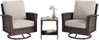 HERA'S HOUSE 3 Pieces Patio Bistro Set, High Back Swivel Wicker Chairs with Rattan Side Table, Outdoor Chairs Set with 5.5" Thick Cushions, Patio Furniture for Bistro Deck Porch Pool, Brown/Beige