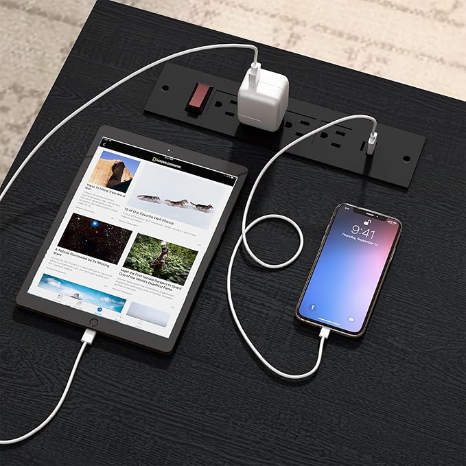 Vabches Farmhouse 61'' Executive Desk with 5 Drawers, Rustic Office Desk Computer Table with Charging Station, File Drawers and Storage Cabinet, Wood Workstation for Study and Home Office, Black