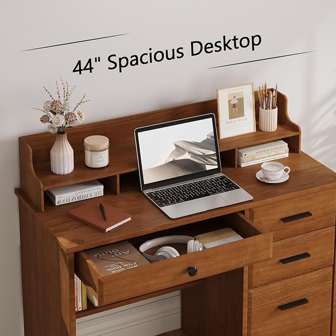 4 EVER WINNER Computer Desk with Drawers for Small Spaces, Wood Desk with File Cabinet & Monitor Stand, Office Desks Writing Study Table for Bedroom, Brown