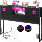Homieasy Headboard for Queen Size Bed with Storage, Sturdy Bookcase Headboards with Outlet, USB & LED Light, Queen Size Headboard Only, Head Board with Sliding Doors & Bed Adapter for Bedroom, Black
