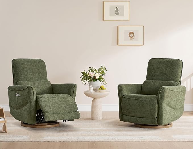 CHITA Power Nursery Rocking Chair, Swivel Glider Recliner Chair with Solid Wood Base, Bulit-in USB & Type-C Charging Ports for Living Room, FSC Certified, Moss Green