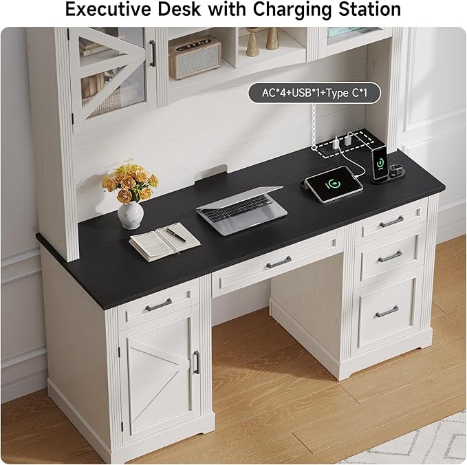 ONBRILL 72" H Farmhouse Executive Desk with Hutch, Office Desk, Computer Desks with Charging Station, Computer Workstations with 5 Drawers and Storage Cabinet for Home, Office, Off White & Black