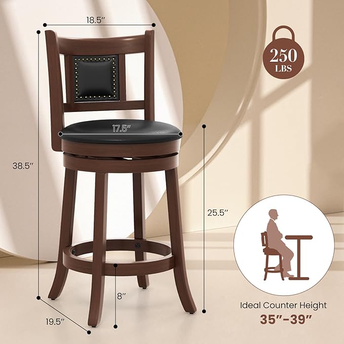 COSTWAY Bar Stools Set of 4, 25.5” Swivel Upholstered Counter Height Bar Stool with Curved Backrest & Cushioned Seat, Solid Rubber Wood Legs & Resting Footrest, for Kitchen Island (4, 25.5”)
