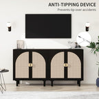 Black Rattan Cabinet-2-Doors,Sideboard Buffet Cabinet with Storage-Accent Storage Cabinet with Cane Door, Boho Wood Credenza for Living Room, Kitchen (Black Set 2)