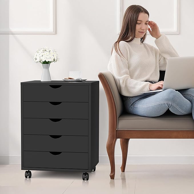 Simple Deluxe 5-Drawer Chest, Office Storage Dresser File Cabinet with Wheels, Mobile Dresser for Home Office, Black