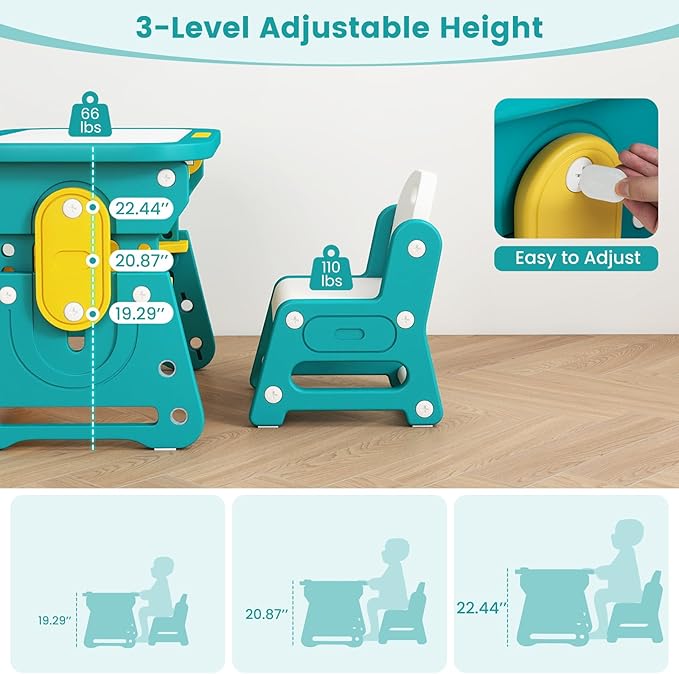 INFANS Kids Adjustable Table & Chair Set with Drawing Board for 3+, Toddler Activity Desk for Drawing with Storage Shelf, Non-Slip Pads, Watercolor Pens & Eraser, Indoor Art/Study Furniture (Green)
