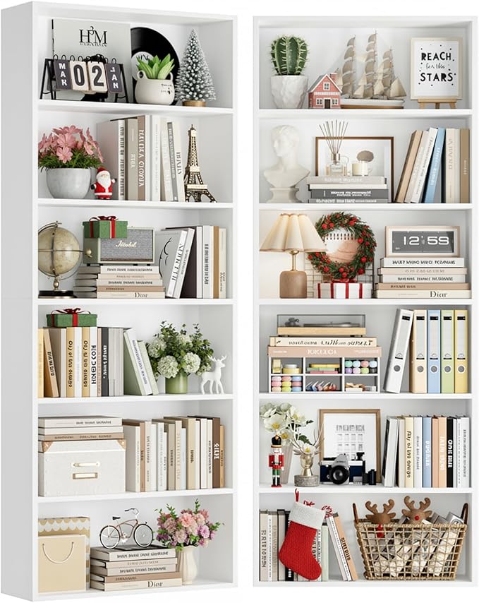 FOTOSOK 70.8" Tall Bookcase Shelf, 6 Tier Wide Bookshelf with Storage, Billy Bookcase Set of 2, Large Bookshelf for Living Room, Home Office, White