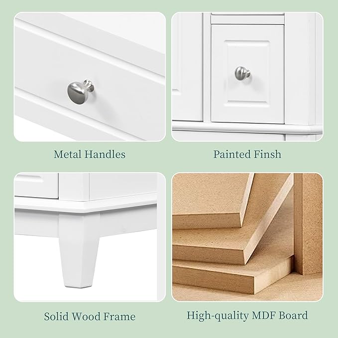 24 Inch Bathroom Vanity with Sink, Freestanding Bathroom Sink Cabinet with 3 Drawers and Storage Door Rack Organizer, Solid Wood Legs, White