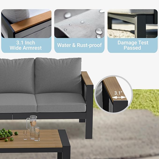 Corinth 5-Piece Aluminum Patio Conversation Set - Outdoor, Porch, Balcony, Yard, Gardern, All Weather Furniture Set with Loveseat Sofa, Grey