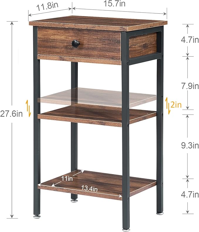 VECELO Tall End Side Table,Nightstand with Adjustable Shelf and Bin Drawer for Living Room/Bedroom/Entryway Small Spaces