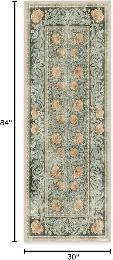 RUGGABLE x Morris & Co Machine Washable Runner Rug – Pimpernel Vintage Green 2.5x7, Stain-Resistant, Non-Slip – Washable Rug for Hallway, Entryway, Living Room & Kitchen–with Standard Pad