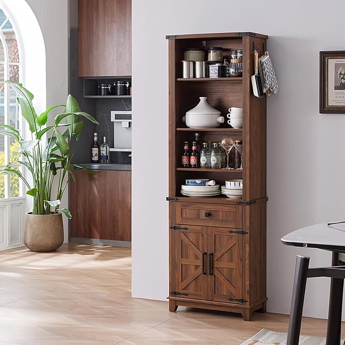 72in Tall Bookshelf 7 Tier Bookcase with Drawer and Barn Doors and Adjustable Shelves, Brown Farmhouse Book Shelf with Storage Cabinet, Wood Freestanding Display Bookshelves for Kitchen