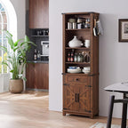 72in Tall Bookshelf 7 Tier Bookcase with Drawer and Barn Doors and Adjustable Shelves, Brown Farmhouse Book Shelf with Storage Cabinet, Wood Freestanding Display Bookshelves for Kitchen