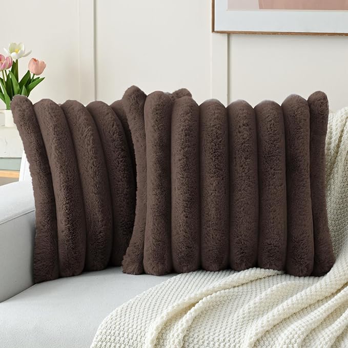 FUTEI Dark Coffee Decorative Throw Pillow Covers 16x16 Inch Set of 2, Square Soft Faux Rabbit Fur Big Striped Cushion Cover,Home Decor for Couch Sofa Bed Living Room