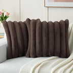 FUTEI Dark Coffee Decorative Throw Pillow Covers 24x24 Inch Set of 2, Square Soft Faux Rabbit Fur Big Striped Pillow Sham,Home Decor for Couch Sofa Bed Living Room