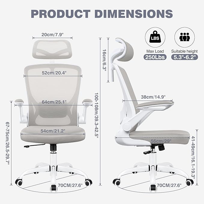 High Back Ergonomic Office Chair, Home Office Mesh Desk Chairs with Lumbar Support, Flip-up Armrests, Swivel Computer Chair for Gaming, Light Gray