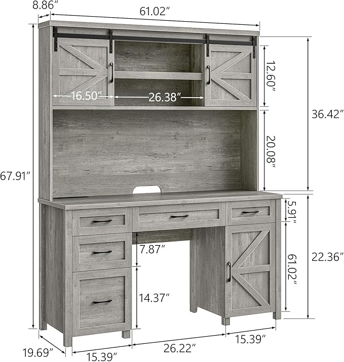 Farmhouse 67''H Executive Desk with Hutch & 5 Drawers, Rustic Office Desks Computer Desks with Charging Station, File Drawers and Storage Cabinets, Wood Workspace for Home Office & Study.(Grey)