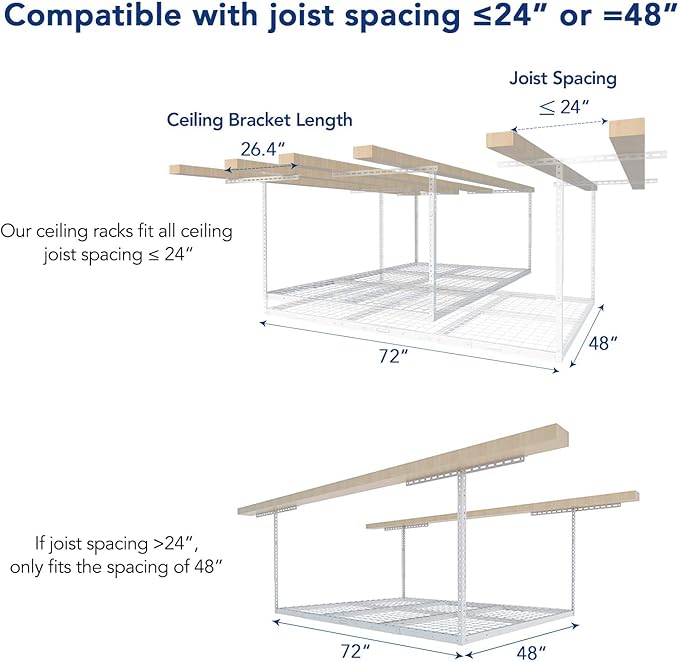 FLEXIMOUNTS 4x6 Overhead Garage Storage Adjustable Ceiling Rack 72" Length x 48" Width x 40" Height, 450lbs Weight Capacity, White, Classic Series