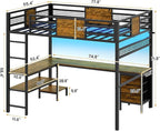 ADORNEVE Loft Bed Full Size with L-Shaped Desk, 3 Storage Drawers, Power Outlet, 3 Storage Shelves, Metal Loft Bed Frame with RGB Lights, Bed with Safety Guardrail & Ladders,Space-Saving,Rustic Brown
