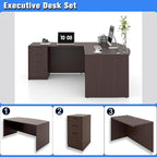 82.67" x 66.93" Bow Front L-Shaped Executive Desk with 3-Drawer File Cabinet (Espresso)